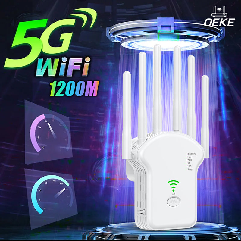 Amplificador de WiFi OEKE 1200Mbps Doble Banda 2.4&5GHz, 6 Antenas Cobertura 360°, 4 Modos, Puerto Ethernet, Configuración con un Clic, Extiende hasta 3000 Pies Cuadrados para 35 Dispositivos, Refuerzo de Señal Wifi, Diseño Moderno, Dispositivo de Conect