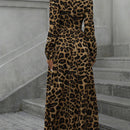 Modichic vestido largo con mangas de farol, cuello redondo, ajuste de cintura y cinturon con estampado de leopardo, que estiliza la figura, para mujeres