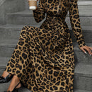 Modichic vestido largo con mangas de farol, cuello redondo, ajuste de cintura y cinturon con estampado de leopardo, que estiliza la figura, para mujeres