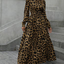 Modichic vestido largo con mangas de farol, cuello redondo, ajuste de cintura y cinturon con estampado de leopardo, que estiliza la figura, para mujeres