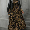 Modichic vestido largo con mangas de farol, cuello redondo, ajuste de cintura y cinturon con estampado de leopardo, que estiliza la figura, para mujeres