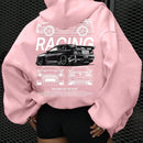 Ezwear sudadera con capucha de grafico de automovil retro casual para mujer, pullover oversize, otono e invierno