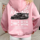 Ezwear sudadera con capucha de grafico de automovil retro casual para mujer, pullover oversize, otono e invierno