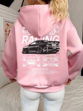 Ezwear sudadera con capucha de grafico de automovil retro casual para mujer, pullover oversize, otono e invierno