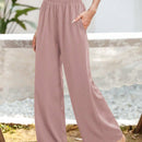 Essnce pantalones casuales sueltos de pierna ancha con bolsillos y cintura fruncida de unicolor para mujeres