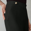 Motf premium pantalones de pierna ancha con bolsillo inclinado, detalle de boton y costuras frontales en color dorado solido