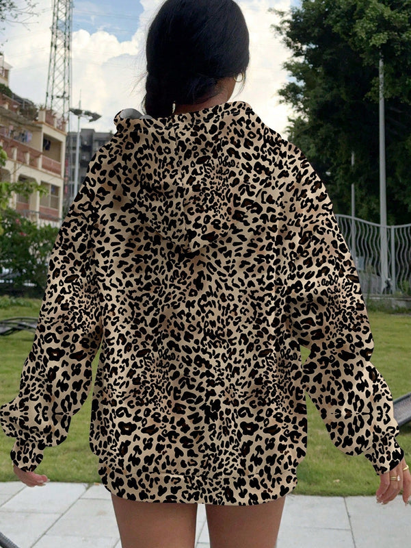 Muchic sudadera con capucha con estampado de leopardo minimalista informal, impreso en toda la prenda, otono invierno