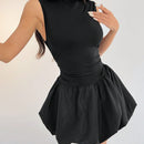 Petite vestido de verano casual de unicolor con cuello alto para mujer, vestido de despedida de soltera y2k, vestido de verano para mujer, vestido negro con manga farol y bajo con volantes / bajo con flor / volante / conjunto de cumpleanos /