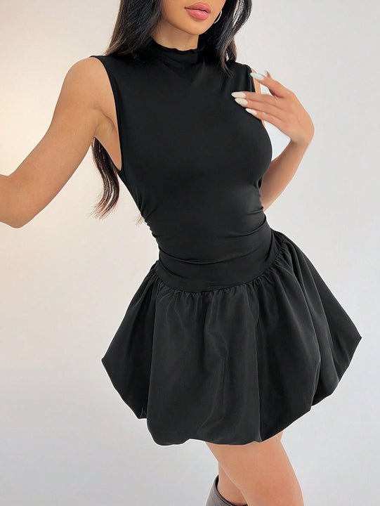 Petite vestido de verano casual de unicolor con cuello alto para mujer, vestido de despedida de soltera y2k, vestido de verano para mujer, vestido negro con manga farol y bajo con volantes / bajo con flor / volante / conjunto de cumpleanos /
