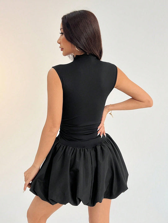 Petite vestido de verano casual de unicolor con cuello alto para mujer, vestido de despedida de soltera y2k, vestido de verano para mujer, vestido negro con manga farol y bajo con volantes / bajo con flor / volante / conjunto de cumpleanos /