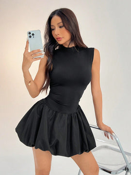 Petite vestido de verano casual de unicolor con cuello alto para mujer, vestido de despedida de soltera y2k, vestido de verano para mujer, vestido negro con manga farol y bajo con volantes / bajo con flor / volante / conjunto de cumpleanos /