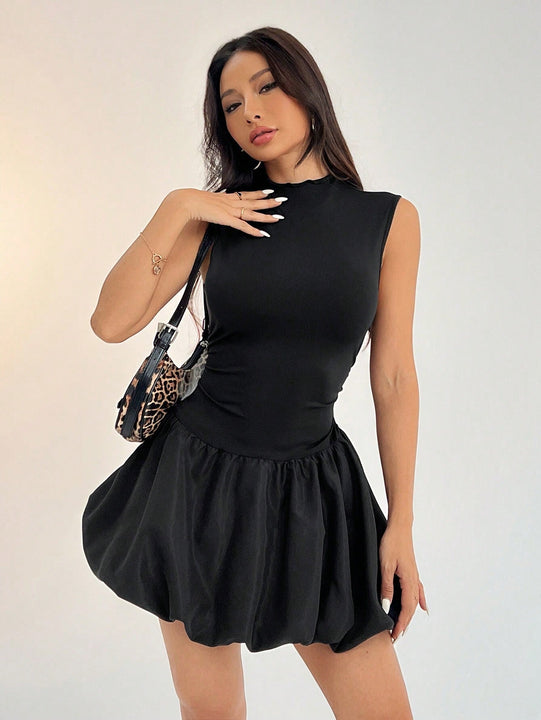 Petite vestido de verano casual de unicolor con cuello alto para mujer, vestido de despedida de soltera y2k, vestido de verano para mujer, vestido negro con manga farol y bajo con volantes / bajo con flor / volante / conjunto de cumpleanos /