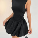 Petite vestido de verano casual de unicolor con cuello alto para mujer, vestido de despedida de soltera y2k, vestido de verano para mujer, vestido negro con manga farol y bajo con volantes / bajo con flor / volante / conjunto de cumpleanos /