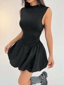 Petite vestido de verano casual de unicolor con cuello alto para mujer, vestido de despedida de soltera y2k, vestido de verano para mujer, vestido negro con manga farol y bajo con volantes / bajo con flor / volante / conjunto de cumpleanos /