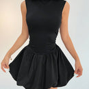Petite vestido de verano casual de unicolor con cuello alto para mujer, vestido de despedida de soltera y2k, vestido de verano para mujer, vestido negro con manga farol y bajo con volantes / bajo con flor / volante / conjunto de cumpleanos /