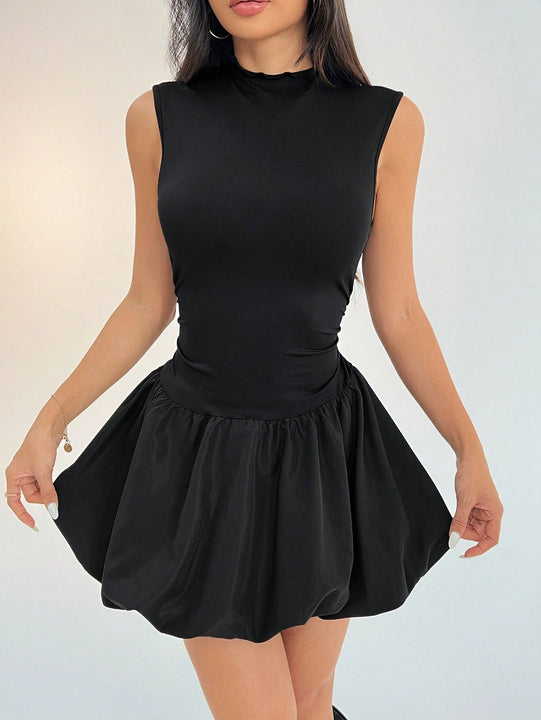 Petite vestido de verano casual de unicolor con cuello alto para mujer, vestido de despedida de soltera y2k, vestido de verano para mujer, vestido negro con manga farol y bajo con volantes / bajo con flor / volante / conjunto de cumpleanos /