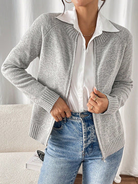Essnce cardigan casual de mangas raglan con cierre delantero de cremallera, de unicolor, para otono/invierno