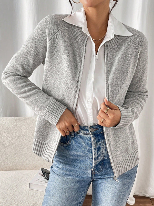 Essnce cardigan casual de mangas raglan con cierre delantero de cremallera, de unicolor, para otono/invierno