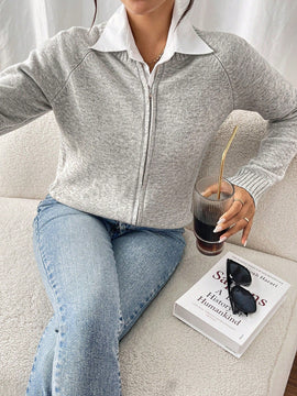 Essnce cardigan casual de mangas raglan con cierre delantero de cremallera, de unicolor, para otono/invierno