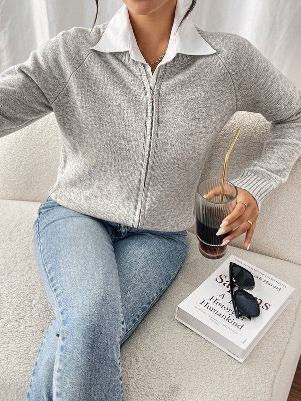 Essnce cardigan casual de mangas raglan con cierre delantero de cremallera, de unicolor, para otono/invierno