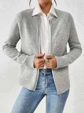 Essnce cardigan casual de mangas raglan con cierre delantero de cremallera, de unicolor, para otono/invierno