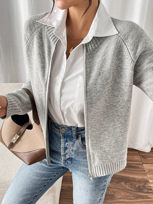 Essnce cardigan casual de mangas raglan con cierre delantero de cremallera, de unicolor, para otono/invierno