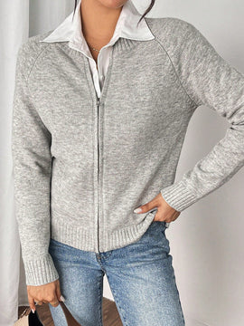 Essnce cardigan casual de mangas raglan con cierre delantero de cremallera, de unicolor, para otono/invierno