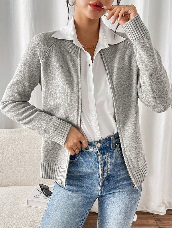 Essnce cardigan casual de mangas raglan con cierre delantero de cremallera, de unicolor, para otono/invierno