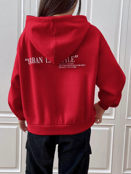Ezwear sudadera con capucha de punto de manga larga con caida en los hombros y estampado de lema, otono/invierno para mujer