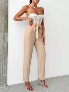 Pantalones elegantes de unicolor con cinturon para mujer