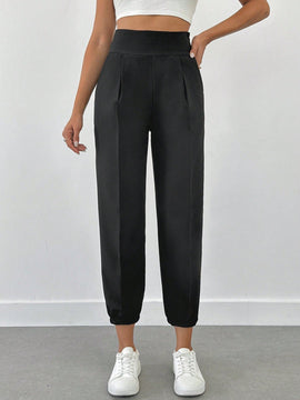 Pantalones jogger de unicolor con detalle en la cintura para mujer