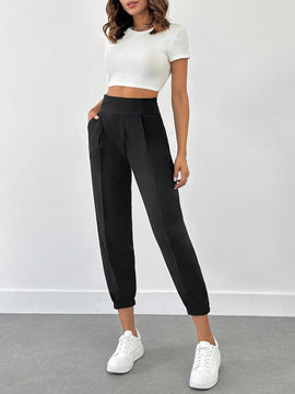 Pantalones jogger de unicolor con detalle en la cintura para mujer