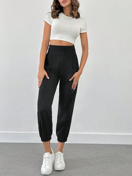 Pantalones jogger de unicolor con detalle en la cintura para mujer