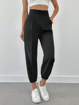Pantalones jogger de unicolor con detalle en la cintura para mujer