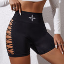 Pantalones cortos deportivos informales de cintura alta con diseno calado para mujer