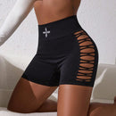 Pantalones cortos deportivos informales de cintura alta con diseno calado para mujer