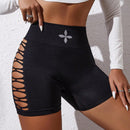 Pantalones cortos deportivos informales de cintura alta con diseno calado para mujer