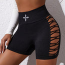 Pantalones cortos deportivos informales de cintura alta con diseno calado para mujer