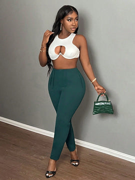 Slayr pantalones de trabajo para mujer de cintura alta, corte delgado y plisado tipo papel clip de color liso minimalista, para verano 2024