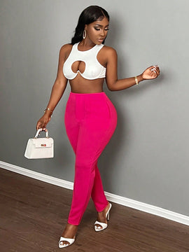 Slayr pantalones de trabajo para mujer de cintura alta, corte delgado y plisado tipo papel clip de color liso minimalista, para verano 2024