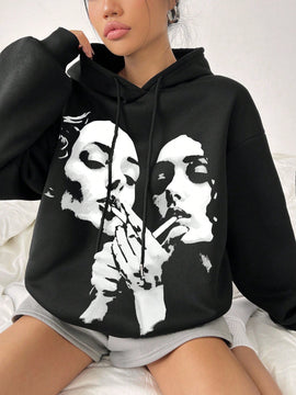 Ezwear sudadera informal tipo streetwear con lema, con corte holgado, estampado negro y rosa, para mujer, otono invierno