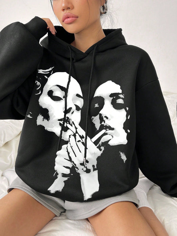 Ezwear sudadera informal tipo streetwear con lema, con corte holgado, estampado negro y rosa, para mujer, otono invierno