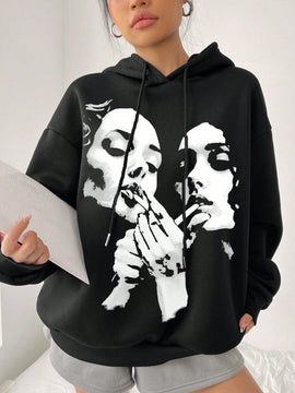 Ezwear sudadera informal tipo streetwear con lema, con corte holgado, estampado negro y rosa, para mujer, otono invierno