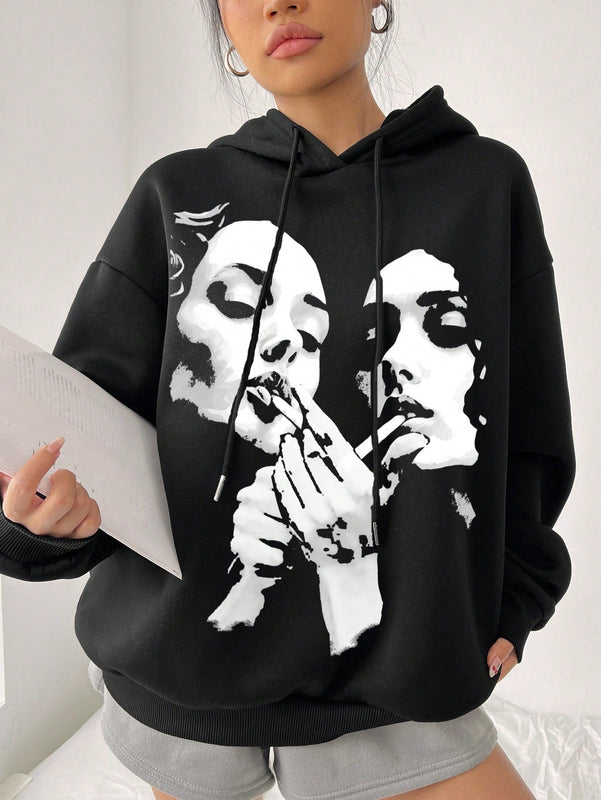 Ezwear sudadera informal tipo streetwear con lema, con corte holgado, estampado negro y rosa, para mujer, otono invierno