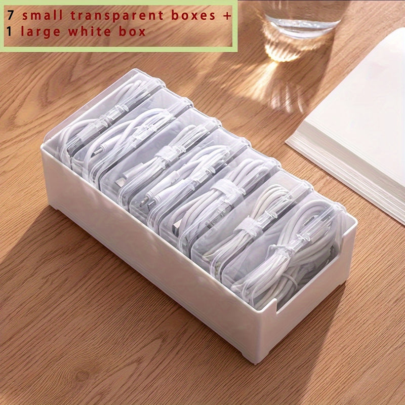 Caja de organizador de cables de plástico con 7 baúles de almacenamiento transparentes - No impermeable, gestión de cables de escritorio multifuncional, organización de cables de carga y accesorios con devanaderas