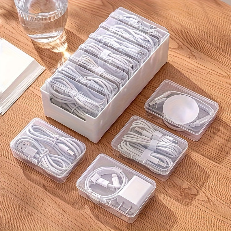 Caja de organizador de cables de plástico con 7 baúles de almacenamiento transparentes - No impermeable, gestión de cables de escritorio multifuncional, organización de cables de carga y accesorios con devanaderas