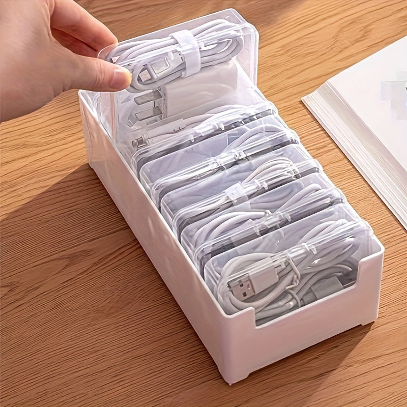Caja de organizador de cables de plástico con 7 baúles de almacenamiento transparentes - No impermeable, gestión de cables de escritorio multifuncional, organización de cables de carga y accesorios con devanaderas