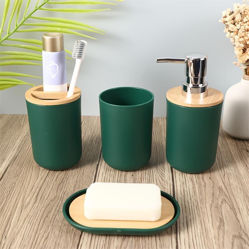 Conjunto de accesorios de baño de 4 piezas, dispensador de jabón de plástico de 350 ml con tapa de bambú, sin BPA, independiente, no necesita electricidad.