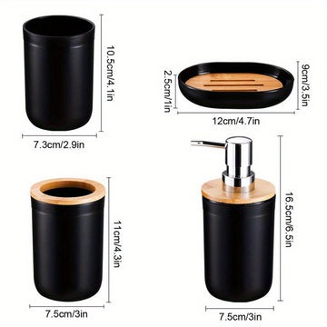 Conjunto de accesorios de baño de 4 piezas, dispensador de jabón de plástico de 350 ml con tapa de bambú, sin BPA, independiente, no necesita electricidad.