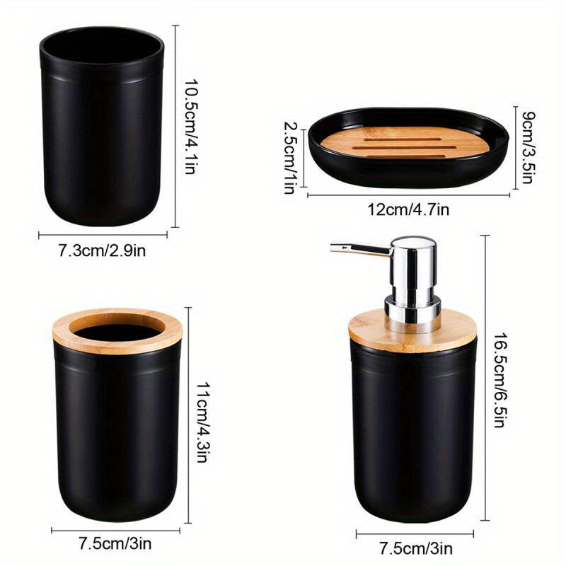 Conjunto de accesorios de baño de 4 piezas, dispensador de jabón de plástico de 350 ml con tapa de bambú, sin BPA, independiente, no necesita electricidad.